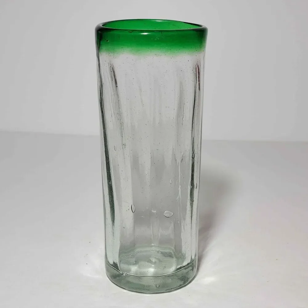 Hand Blown Glass Tumblers Green Rim